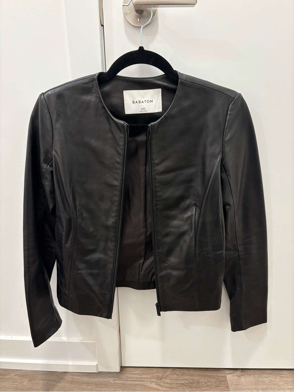 Babaton Black Collarless Leather Zip Jacket